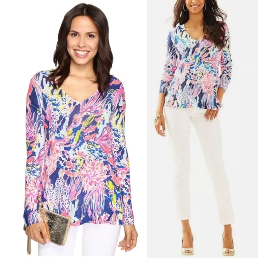 Lilly Pulitzer, Liesel Sweater, Indigo Sunken Treasure, SizeM. 100% linen